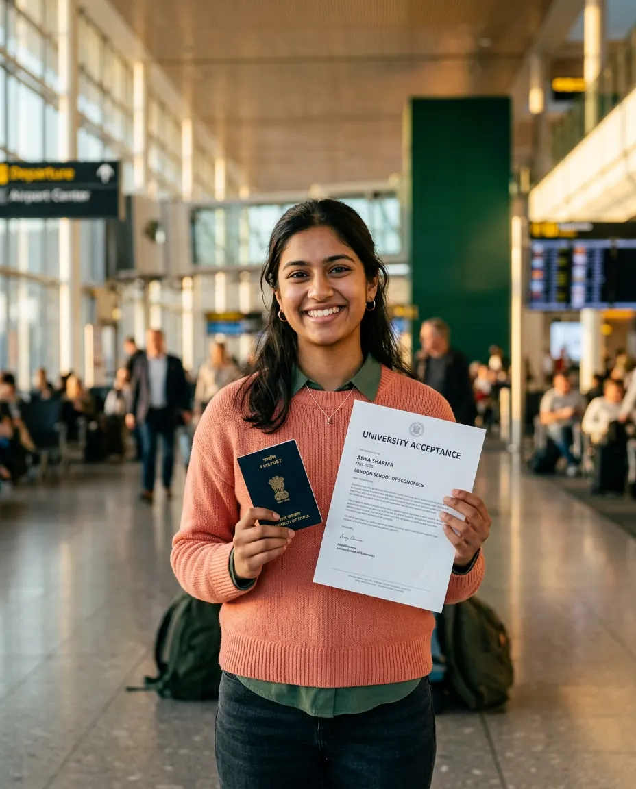 Student holding passport and university acceptance letter at the airport